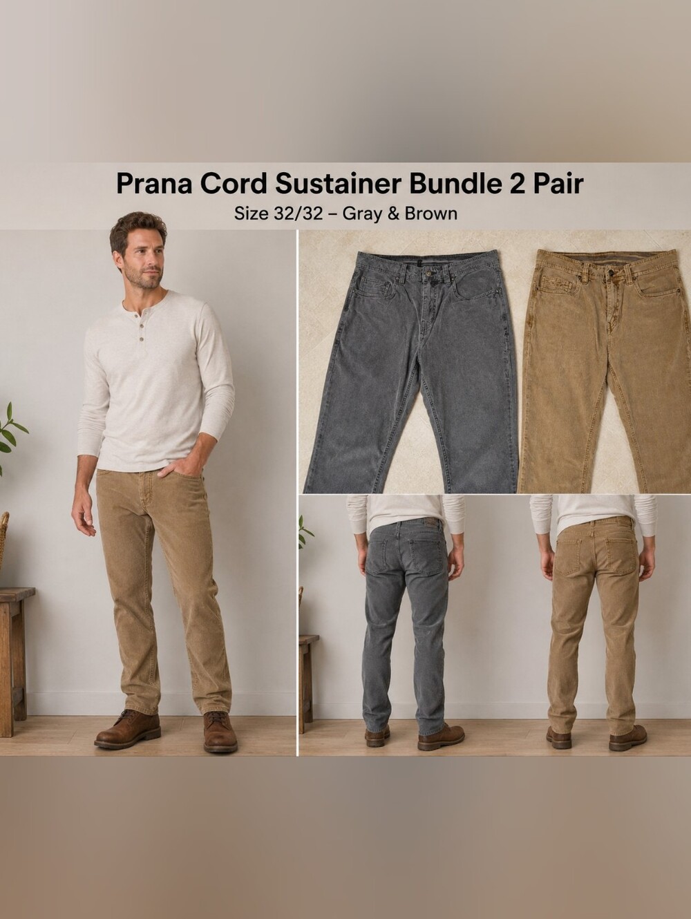 Bundle 2 Pair PrAna Cord Sustainer Gray Brown Slim Fit 32/32 Excellent Condition